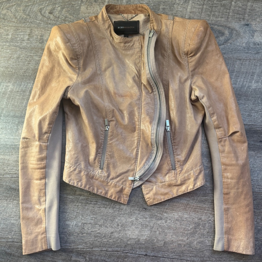 BCBGMAXAZRIA Tan Leather Asymmetrical Zip Cropped Moto Biker Jacket  Y2K Small
